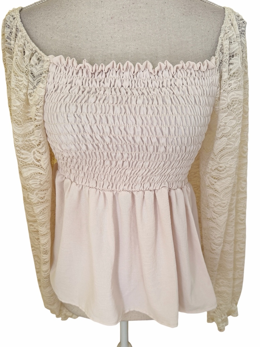 BiBi Cream Air Flow Lace-Sleeve Smocked Peplum Top S